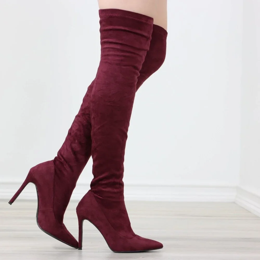 Wine Women's Thigh High Boots Faux Suede Pointed Toe Stilettos - Picture 11 of 15